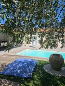 uma piscina com uma árvore e uma almofada azul em Villa Jurio em Argeliers