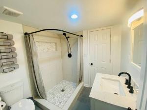 uma casa de banho com um chuveiro, um WC e um lavatório. em Cozy New Mfd Home near Lake Norman em Denver