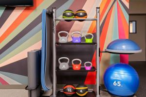 a shelf with dumbbells and balls in front of a wall at Hilton Garden Inn Ft. Lauderdale SW/Miramar in Miramar