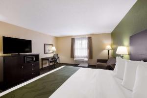 a hotel room with a large bed and a flat screen tv at Quality Inn & Suites in Big Rapids