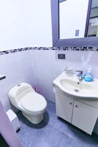La salle de bains est pourvue de toilettes et d'un lavabo. dans l'établissement Casa de Juli, à Huancayo