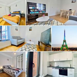 un collage de fotos de una habitación con la torre Eiffel en Cozy Appart'3 - Centre ville & Proche Gare - Cozy Houses, en Massy