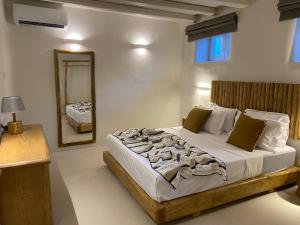 1 dormitorio con 1 cama grande y espejo en Nerea Sunset View Apartment, en Agia Irini Paros