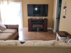 uma sala de estar com um sofá e uma televisão de ecrã plano em Guest house withl kitchen living room 65" tv solar heated pool em Palm Coast