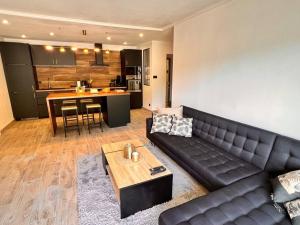 a living room with a black couch and a kitchen at La Capucine - Lumineux avec balcon et parking in Saint-Claude
