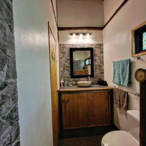 a bathroom with a sink and a mirror at Corcovado Guest House in Drake