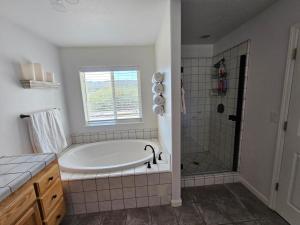 a white bathroom with a tub and a shower at Hidden Falls Retreat in Oakhurst