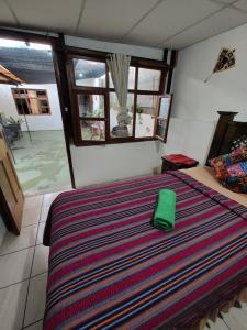 sypialnia z łóżkiem z zieloną poduszką w obiekcie Francisco's rest house hotel w mieście Antigua Guatemala