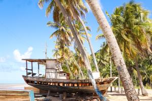 un viejo barco en la playa con palmeras en Pousada Venezia Tropicale, en Japaratinga