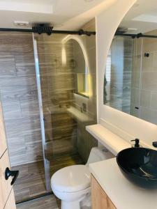 a bathroom with a toilet and a sink and a shower at Hermoso y cómodo apto Sabaneta Medellín in Sabaneta