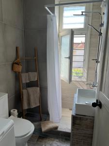 een badkamer met douche en toilet en een raam bij 1922 Historic House in Kavala