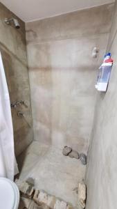 uma casa de banho com um chuveiro com pedras no chão em Interra Apart 1 Temporario em Salta