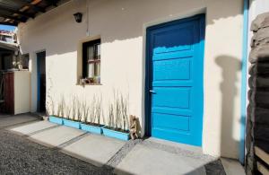 um gato sentado à frente de uma porta azul em Interra Apart 1 Temporario em Salta