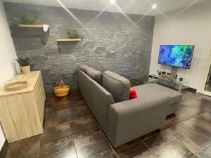 a living room with a couch and a tv at Rez de jardin, entre mer et montagne in Levens