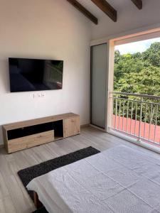a bedroom with a television and a large window at Villa Varte in Baie-Mahault +14 photos