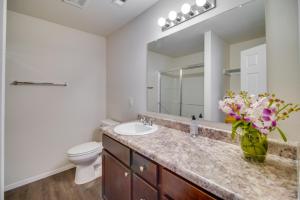 a bathroom with a sink and a toilet and a mirror at Charming Arkansas Getaway - Walk to Downtown! in Fort Smith +16 photos