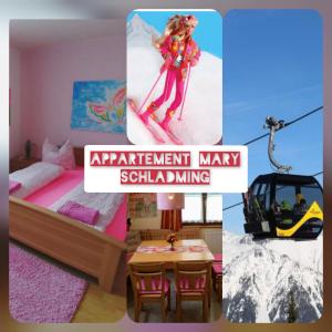 een collage van vier foto's van een kamer met een meisje op ski's bij Appartement Mary in Schladming