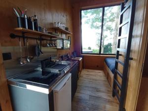 a kitchen with a stove and a sink and a window at La Ferme 1851 - Cabane Spa Nordique privé vue sur champ in Willems