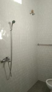 a bathroom with a shower with a spider on the wall at Risal Guest House in Munggu +14 photos