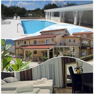 a collage of photos of a building and a pool at Pansion Veso Medjugorje in Međugorje