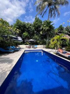 una gran piscina azul con palmeras en el fondo en Kebun Rohani Cottages en Senggigi 