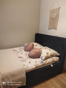 a bed with two pillows on it in a room at Dawna Mleczarnia Apartament FAMILIJNY in Nowa Ruda
