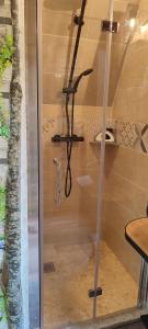 La salle de bains est pourvue d'une douche avec une porte en verre. dans l'établissement La cabane des amoureux, à Sarlat-la-Canéda