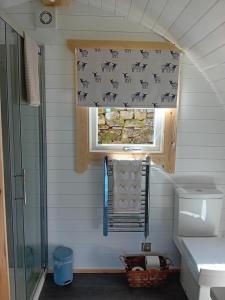 a bathroom with a window with a curtain with horses on it at Coombs glamping pods in Danby