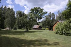 a large grass field with a barn and trees at Latava in Anykščiai
