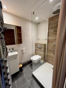 een badkamer met toilet en glazen douche bij Résidence Grand Bois A1124 Clés Blanches in La Tania