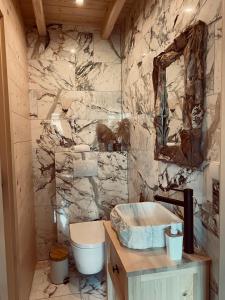 La salle de bains en pierre est pourvue d'un lavabo et de toilettes. dans l'établissement Osada Snozka, à Kluszkowce