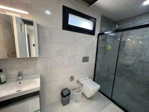 a bathroom with a shower and a toilet and a sink at Villa Begonvil in Kusadası