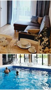 a collage of a living room and a swimming pool at PBA Stockholm - basen kryty, parter, taras, parking in Pobierowo