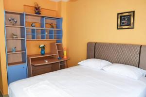a bedroom with a bed and a desk and a shelf at Villa Spiros in Ioannina