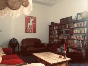 a living room with a book shelf filled with books at SAUVEURS DE REVES 2 suites indépendantes et un F2 privé dans un hôtel particulier in Sauve