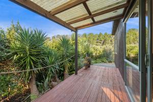 an open porch with a wooden walkway with palm trees at Seascape Cottage - Mahinepua Bay Clifftop Retreat in Mahinepua