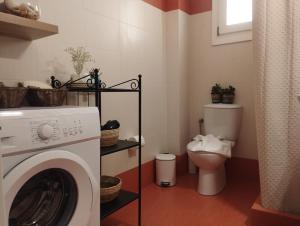 a bathroom with a washing machine and a toilet at Daphne's place in Vívlos