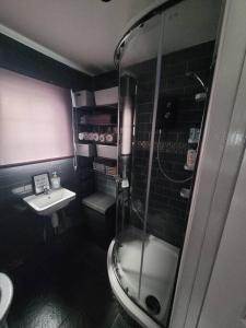 a small bathroom with a shower and a sink at Sanity Sanctuary in Leysdown-on-Sea