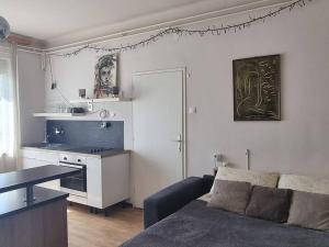 uma sala de estar com um sofá e uma cozinha em Cosy 2 room apartment with nice vibe, for up to 4 em Ljubljana