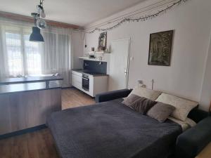 uma sala de estar com uma cama e uma cozinha em Cosy 2 room apartment with nice vibe, for up to 4 em Ljubljana