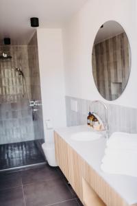 a bathroom with a sink and a shower with a mirror at Landgut am Pößnitzberg in Leutschach