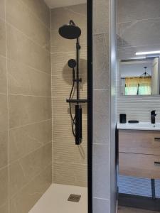 uma casa de banho com um chuveiro e um lavatório. em Domaine d'Ella Jourre em Canet d'Aude