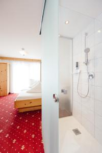 a bathroom with a shower and a bed in a room at Hotel Andrea in Zams