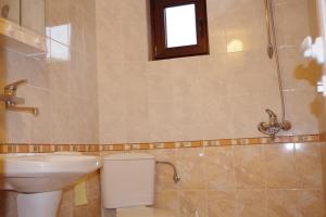 a bathroom with a toilet and a sink and a shower at Family Hotel Diana in Lyaskovo