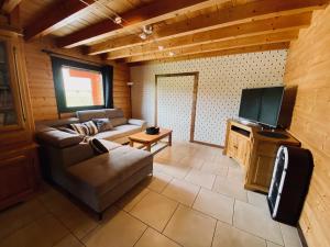 a living room with a couch and a flat screen tv at Chalet indépendant 3 chambres avec 2000m2 de terrain in Onglières