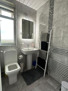 a bathroom with a toilet and a sink and a shower at The Hideaway by Elegant Apartments in Bradford