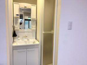 ein Bad mit einem Waschbecken und einem Spiegel in der Unterkunft Furinkyo・楓林居 3号館 in Osaka