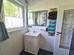 a bathroom with a sink and a mirror at Ferienwohnung "Carinerland" mit Terrasse in Ostseenähe 