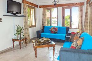 ein Wohnzimmer mit blauen Sofas und einem TV in der Unterkunft Villa Agathi in Argaka