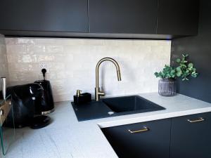 a kitchen counter with a sink and a sink at Apartament Cieszynka in Ciechanów